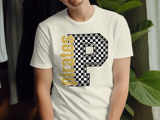 Jen Peete Designs Clothing T-shirts Block Lettered Pirates Spirit Shirt with Checkered P