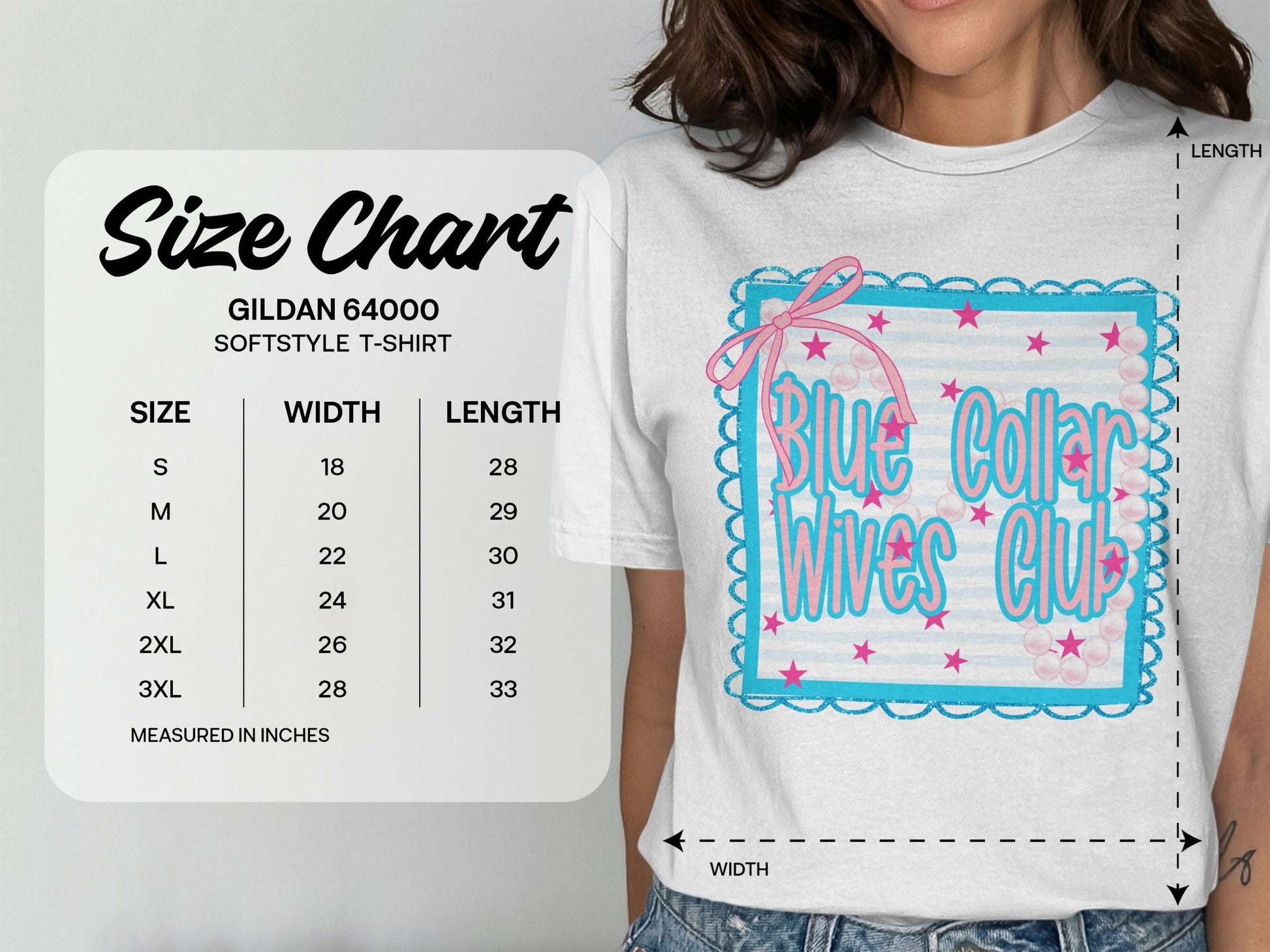 Jen Peete Designs Clothing T-shirts Blue Collar Wives Club with Pearls and Bow Graphic T-Shirt