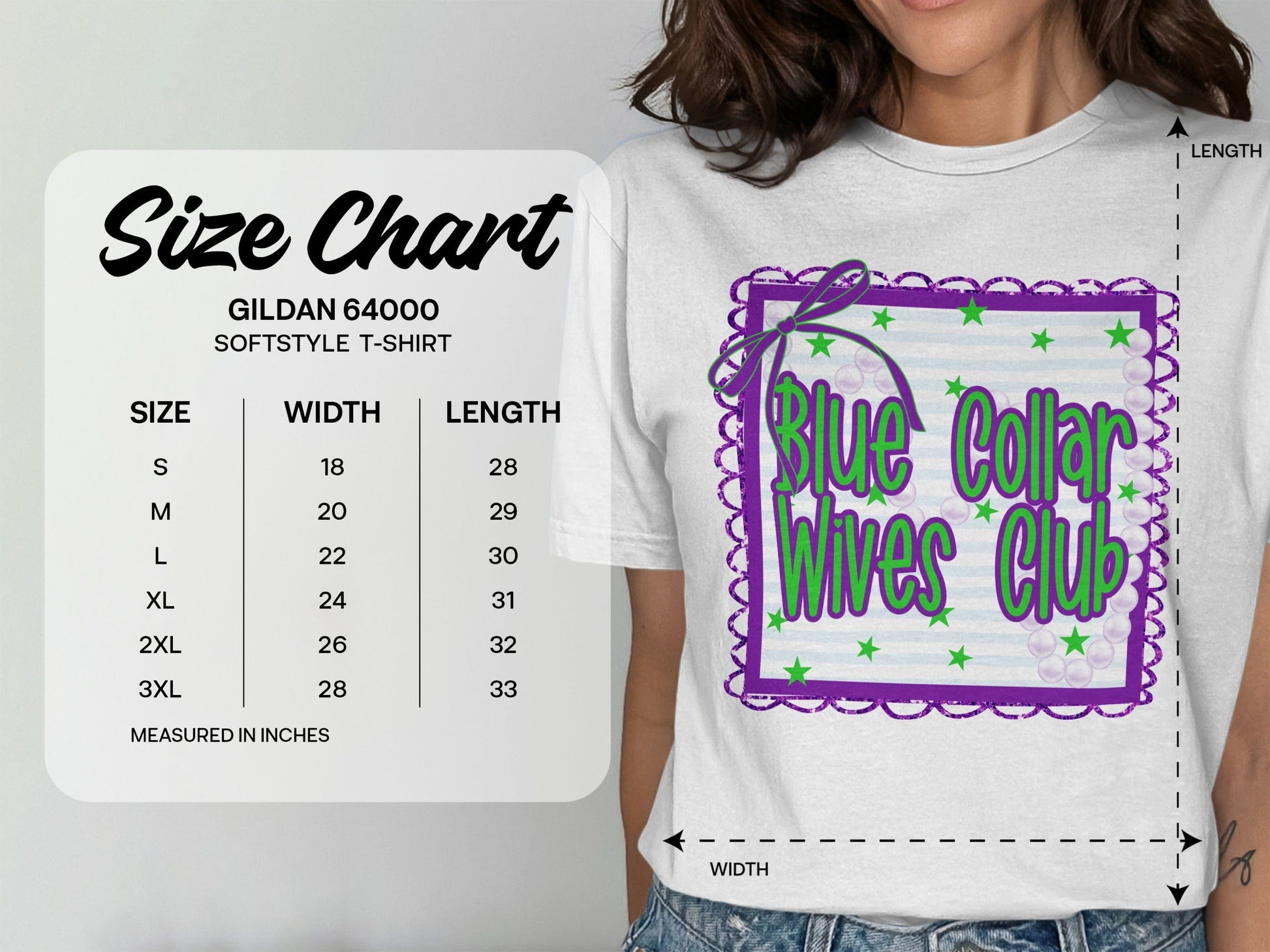Jen Peete Designs Clothing T-shirts Blue Collar Wives Club with Pearls and Bow Graphic T-Shirt