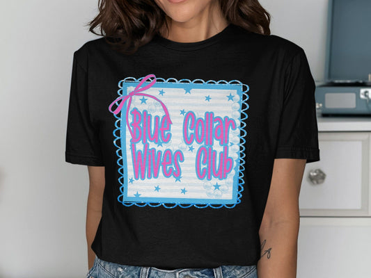 Jen Peete Designs Clothing T-shirts Blue Collar Wives Club with Pearls and Bow Graphic T-Shirt