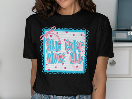 Jen Peete Designs Clothing T-shirts Blue Collar Wives Club with Pearls and Bow Graphic T-Shirt