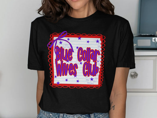 Jen Peete Designs Clothing T-shirts Blue Collar Wives Club with Pearls and Bow Graphic T-Shirt