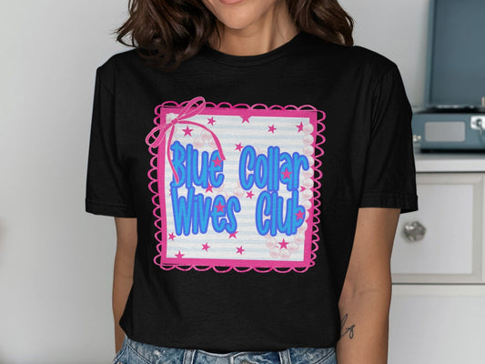 Jen Peete Designs Clothing T-shirts Blue Collar Wives Club with Pearls and Bow Graphic T-Shirt