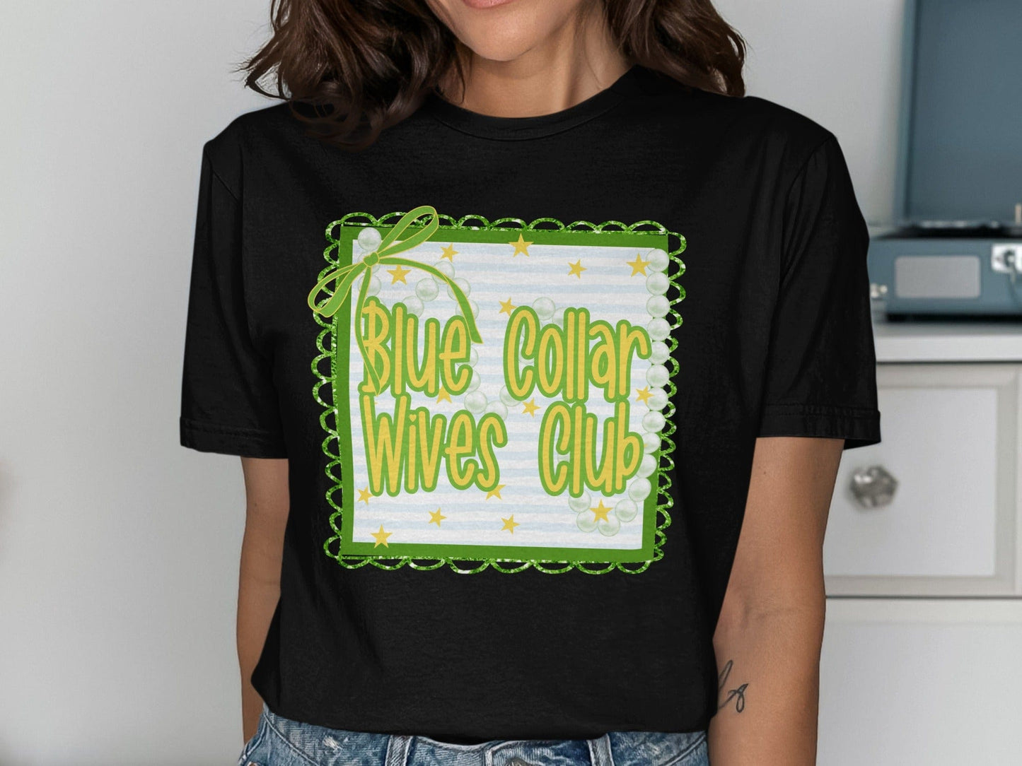 Jen Peete Designs Clothing T-shirts Blue Collar Wives Club with Pearls and Bow Graphic T-Shirt