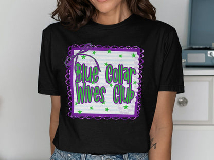 Jen Peete Designs Clothing T-shirts Blue Collar Wives Club with Pearls and Bow Graphic T-Shirt