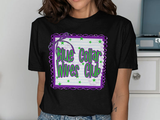 Jen Peete Designs Clothing T-shirts Blue Collar Wives Club with Pearls and Bow Graphic T-Shirt