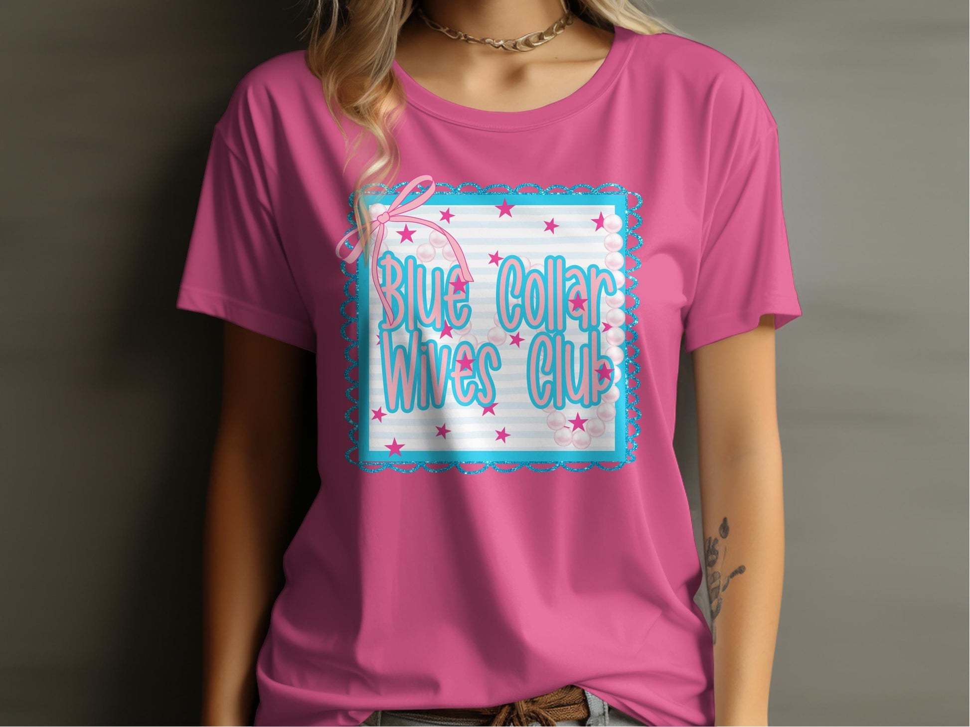 Jen Peete Designs Clothing T-shirts Blue Collar Wives Club with Pearls and Bow Graphic T-Shirt