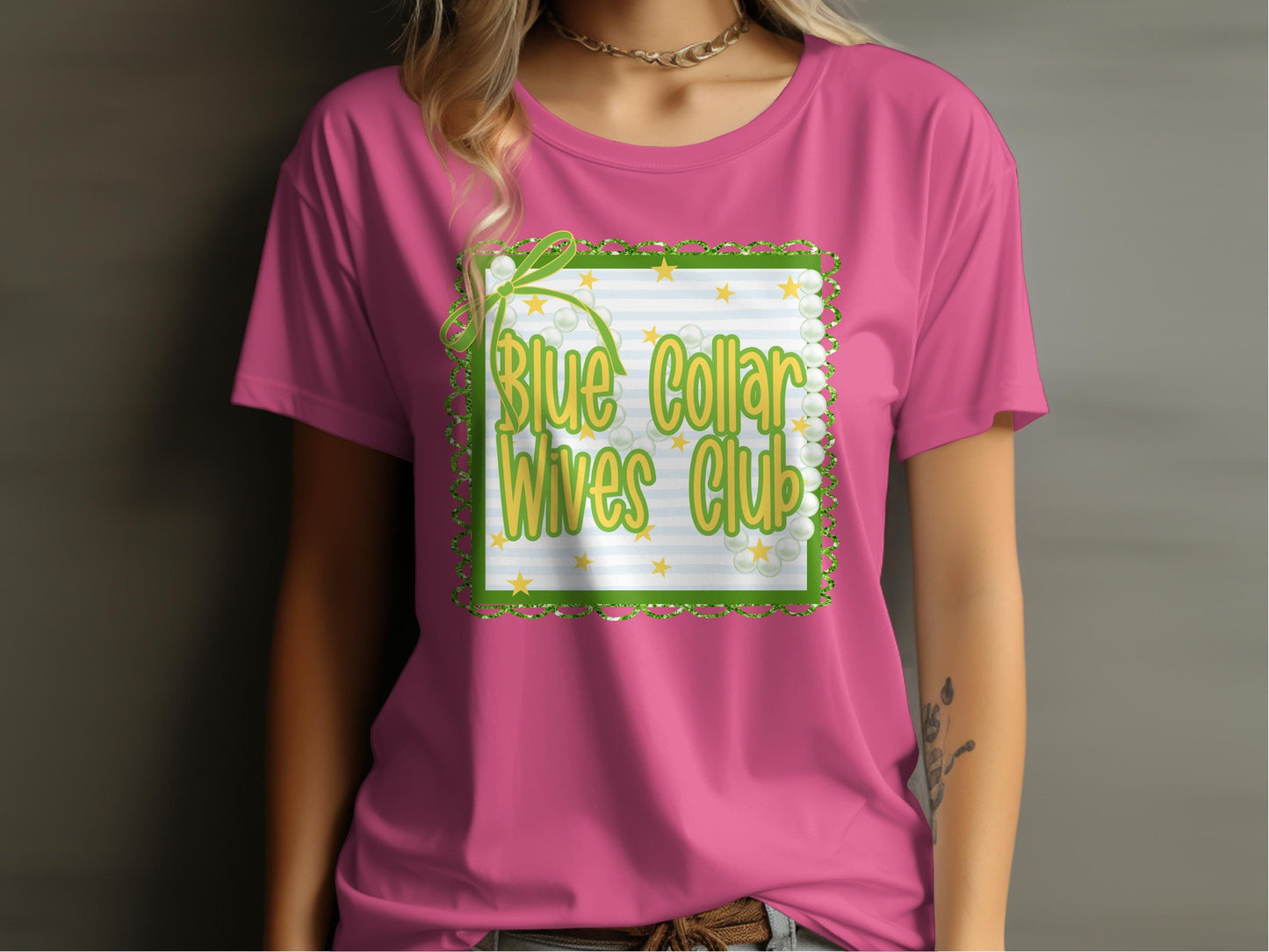 Jen Peete Designs Clothing T-shirts Blue Collar Wives Club with Pearls and Bow Graphic T-Shirt
