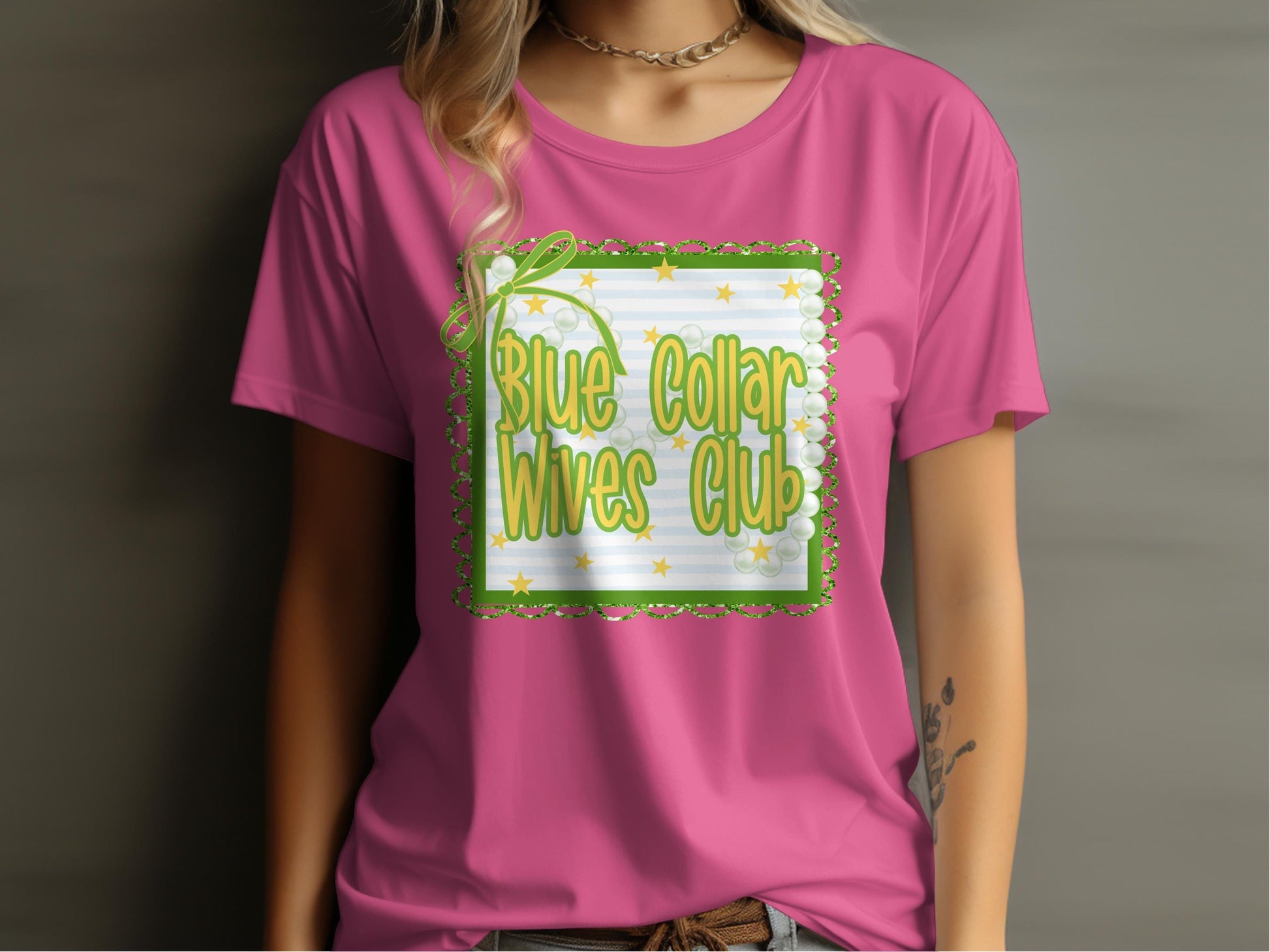 Jen Peete Designs Clothing T-shirts Blue Collar Wives Club with Pearls and Bow Graphic T-Shirt