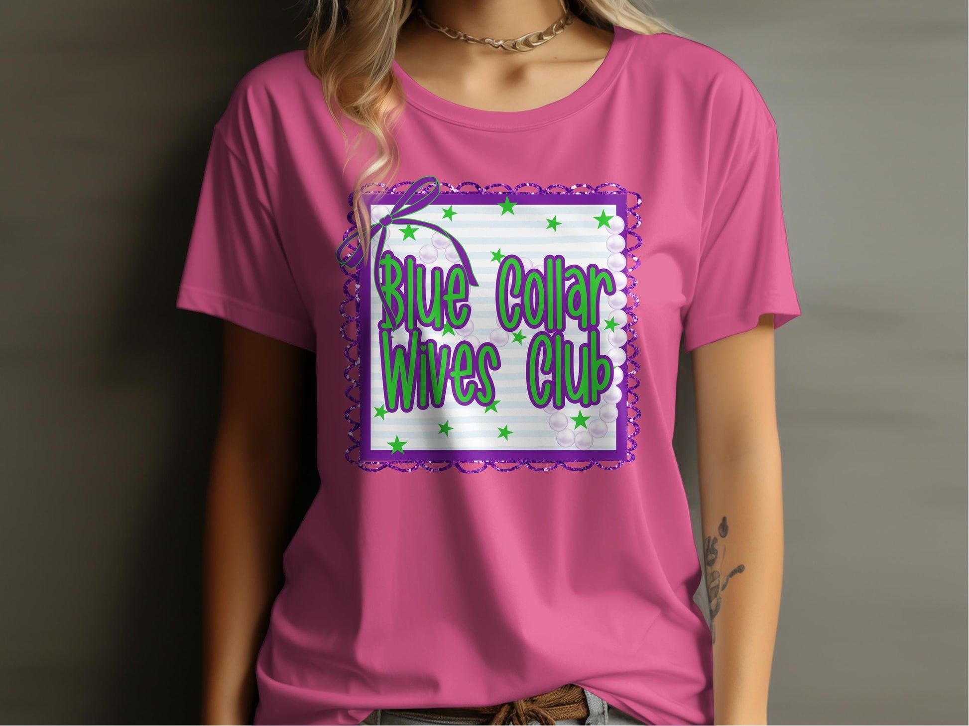 Jen Peete Designs Clothing T-shirts Blue Collar Wives Club with Pearls and Bow Graphic T-Shirt