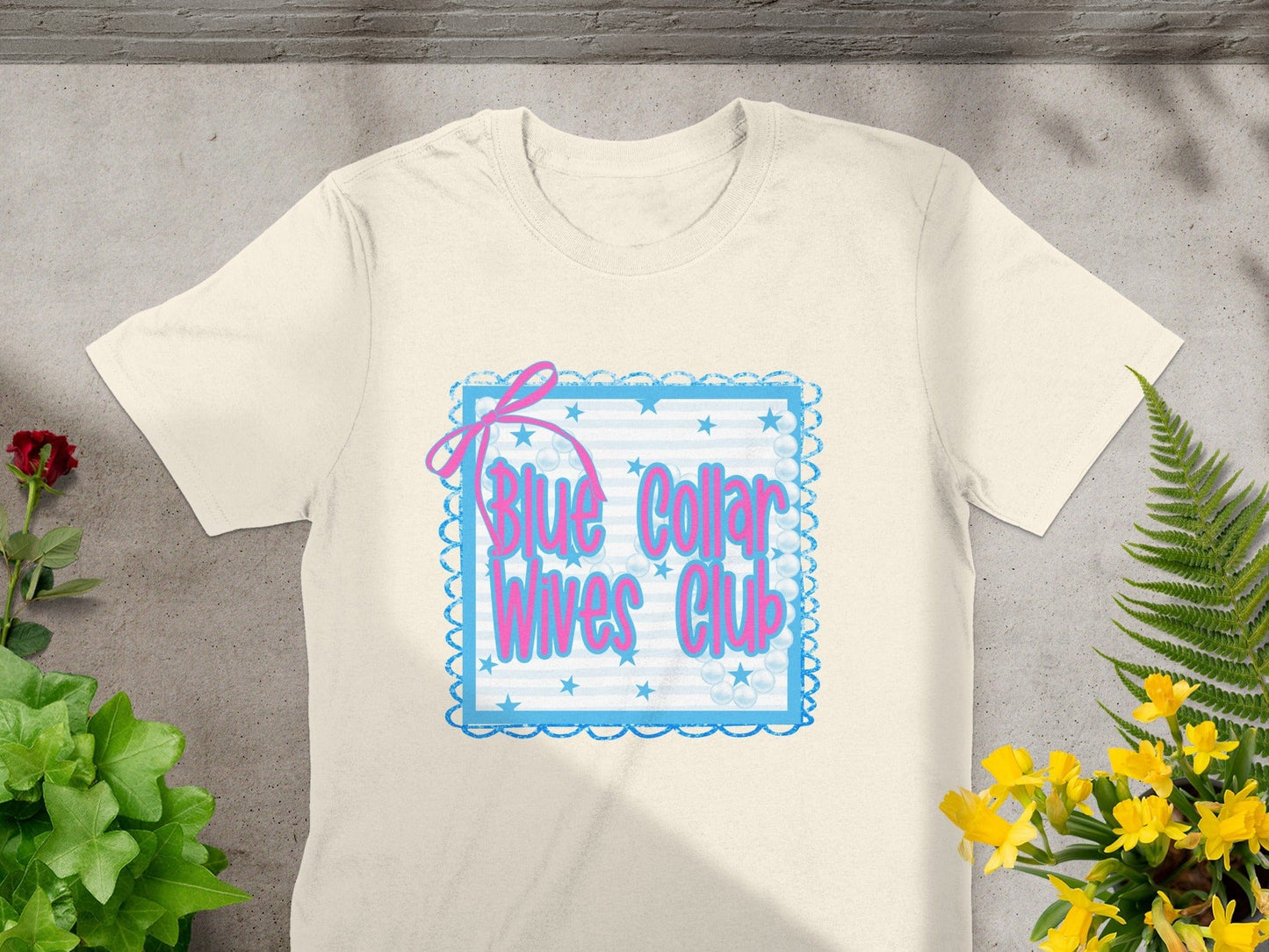 Jen Peete Designs Clothing T-shirts Blue Collar Wives Club with Pearls and Bow Graphic T-Shirt
