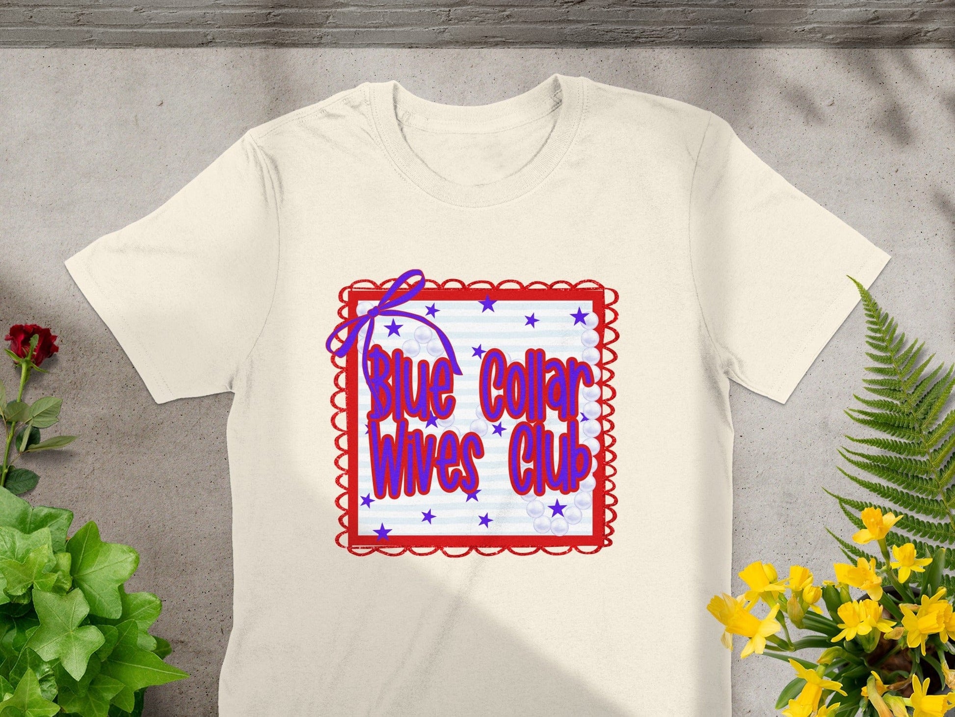Jen Peete Designs Clothing T-shirts Blue Collar Wives Club with Pearls and Bow Graphic T-Shirt