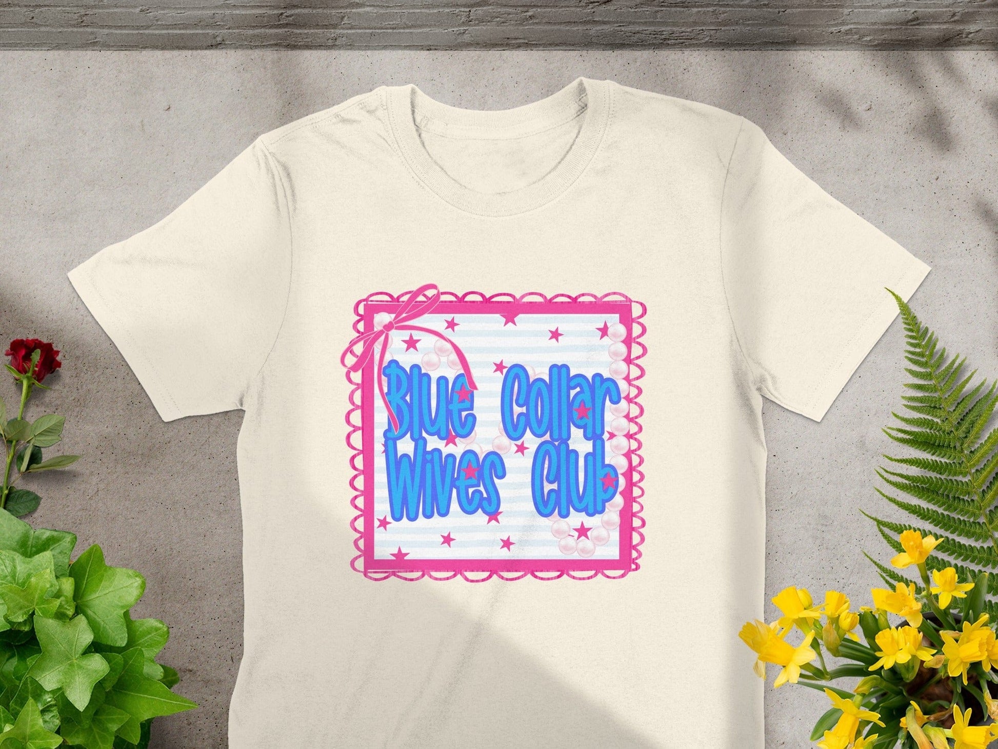 Jen Peete Designs Clothing T-shirts Blue Collar Wives Club with Pearls and Bow Graphic T-Shirt