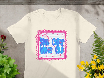 Jen Peete Designs Clothing T-shirts Blue Collar Wives Club with Pearls and Bow Graphic T-Shirt