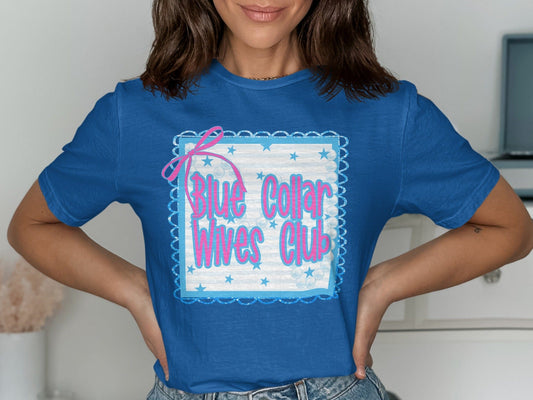 Jen Peete Designs Clothing T-shirts Blue Collar Wives Club with Pearls and Bow Graphic T-Shirt
