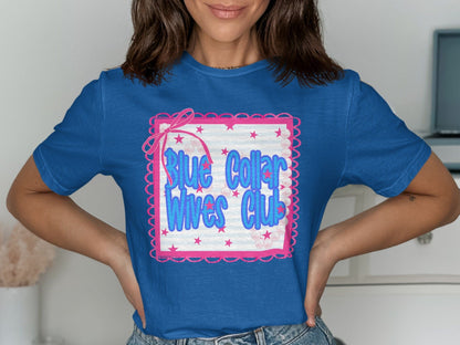 Jen Peete Designs Clothing T-shirts Blue Collar Wives Club with Pearls and Bow Graphic T-Shirt