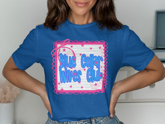 Jen Peete Designs Clothing T-shirts Blue Collar Wives Club with Pearls and Bow Graphic T-Shirt
