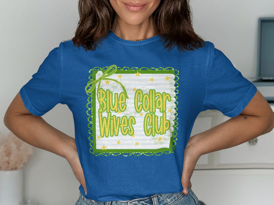 Jen Peete Designs Clothing T-shirts Blue Collar Wives Club with Pearls and Bow Graphic T-Shirt