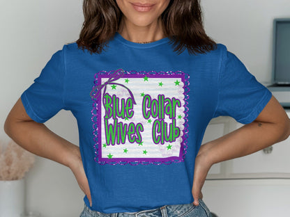 Jen Peete Designs Clothing T-shirts Blue Collar Wives Club with Pearls and Bow Graphic T-Shirt