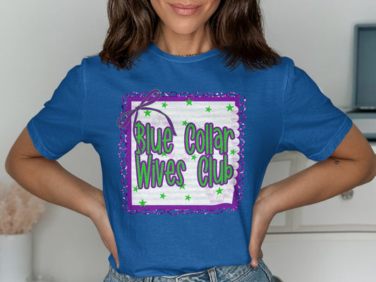 Jen Peete Designs Clothing T-shirts Blue Collar Wives Club with Pearls and Bow Graphic T-Shirt