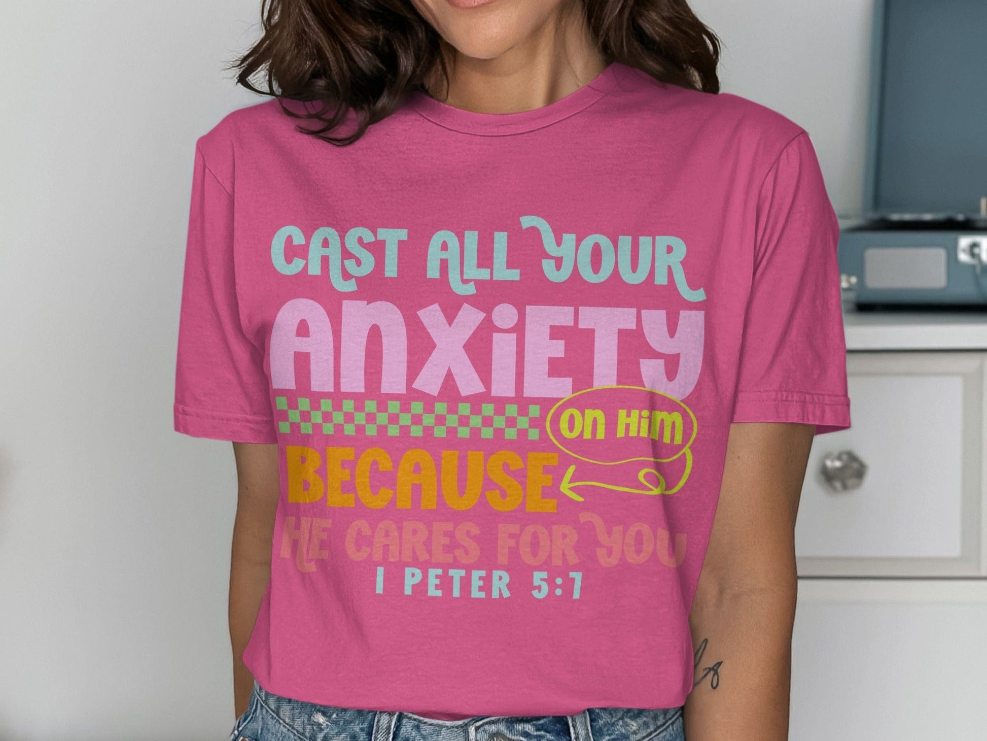 Jen Peete Designs Clothing T-shirts Cast All Your Anxiety on Him T-Shirts