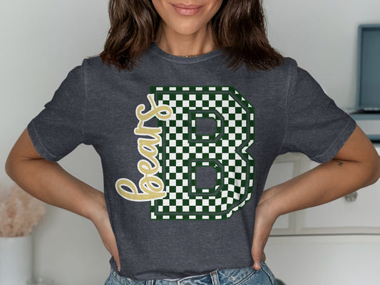 Jen Peete Designs Clothing T-shirts Cursive Bears Spirit Shirt with Blue Green Checkered B