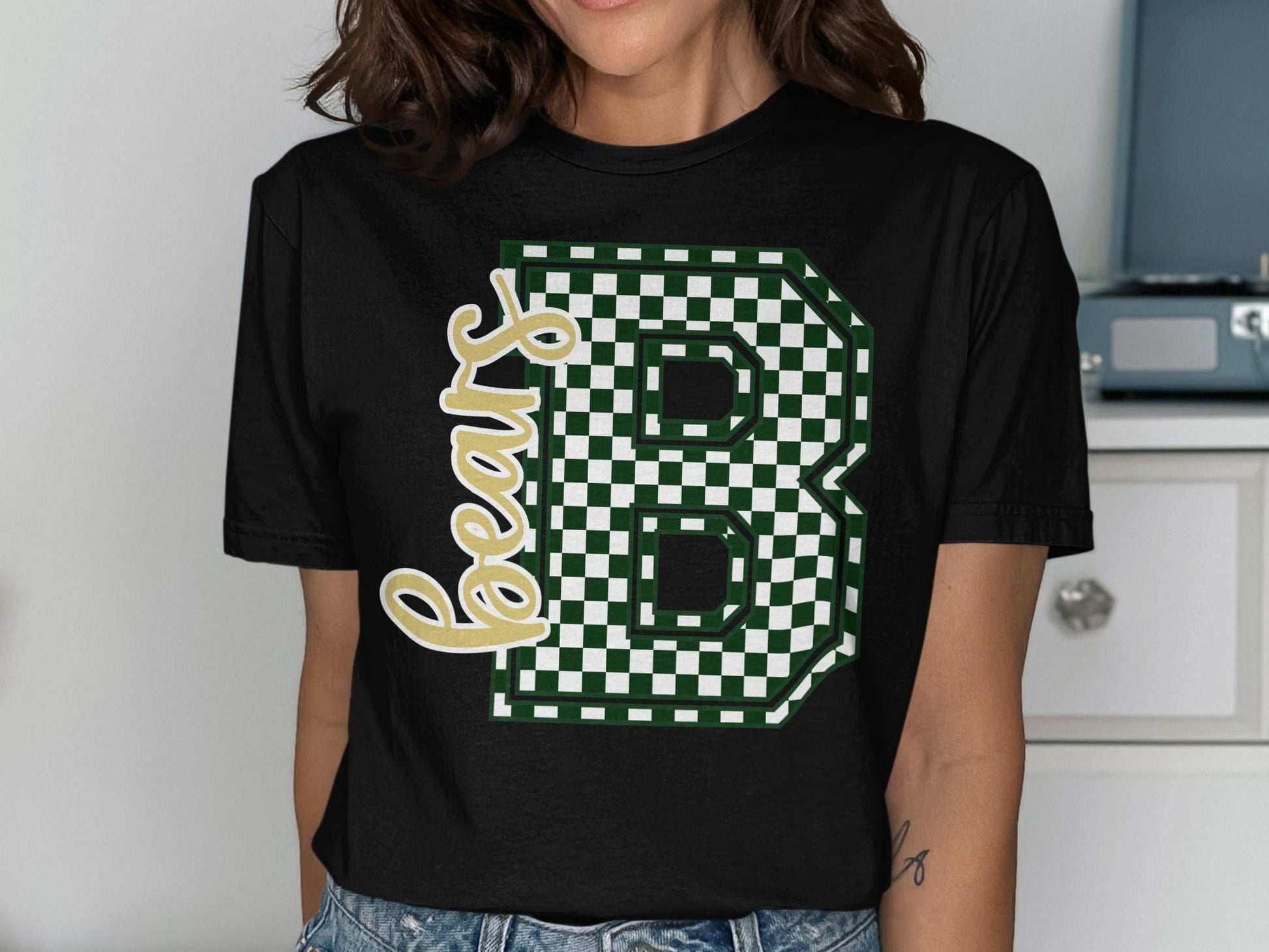 Jen Peete Designs Clothing T-shirts Cursive Bears Spirit Shirt with Blue Green Checkered B