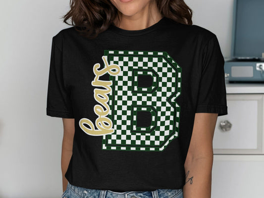 Jen Peete Designs Clothing T-shirts Cursive Bears Spirit Shirt with Blue Green Checkered B