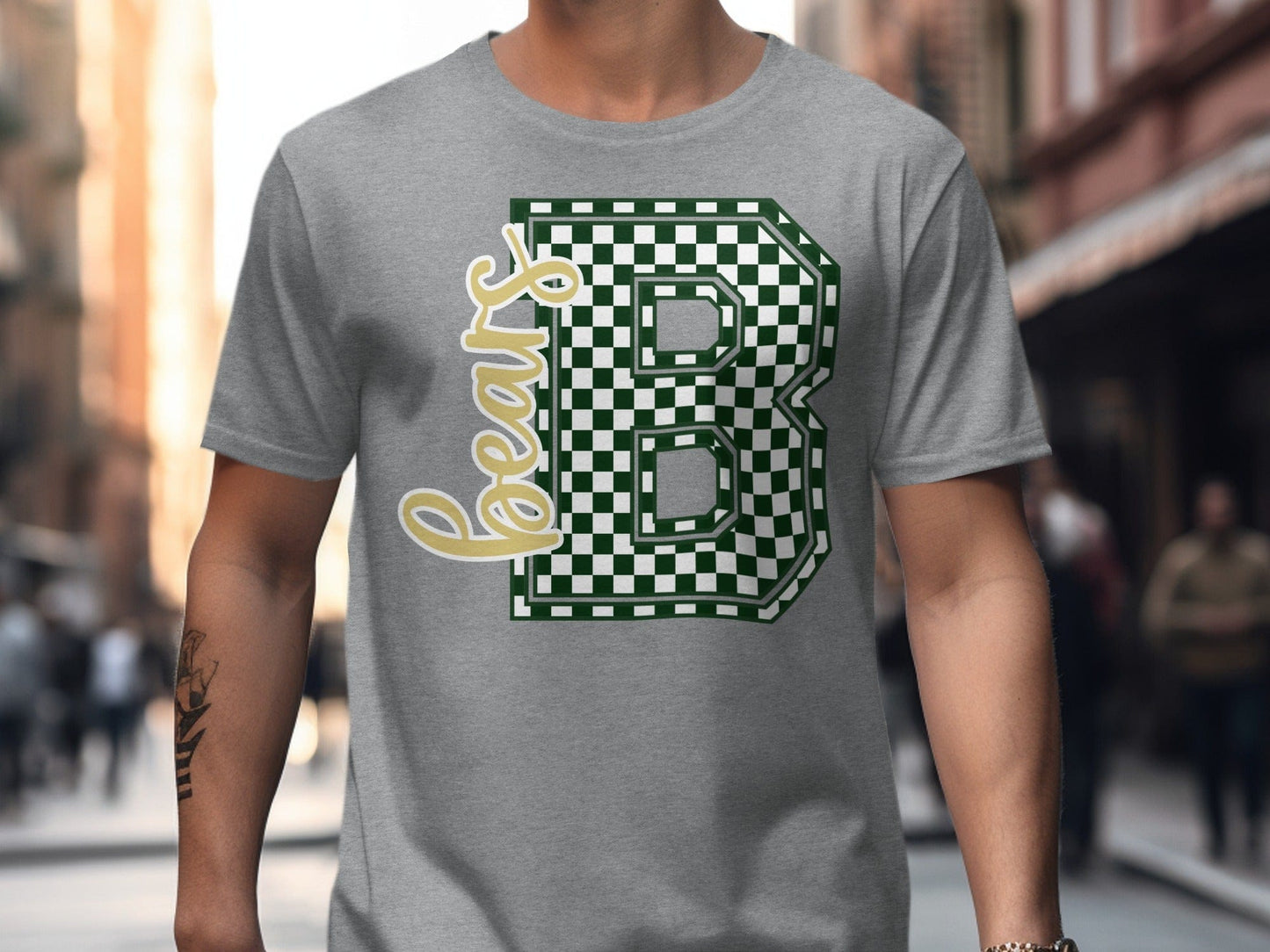 Jen Peete Designs Clothing T-shirts Cursive Bears Spirit Shirt with Blue Green Checkered B