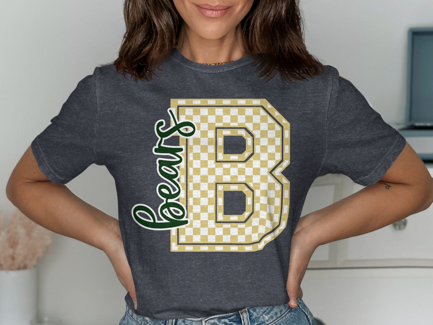 Jen Peete Designs Clothing T-shirts Cursive Bears Spirit Shirt with Gold Checkered B