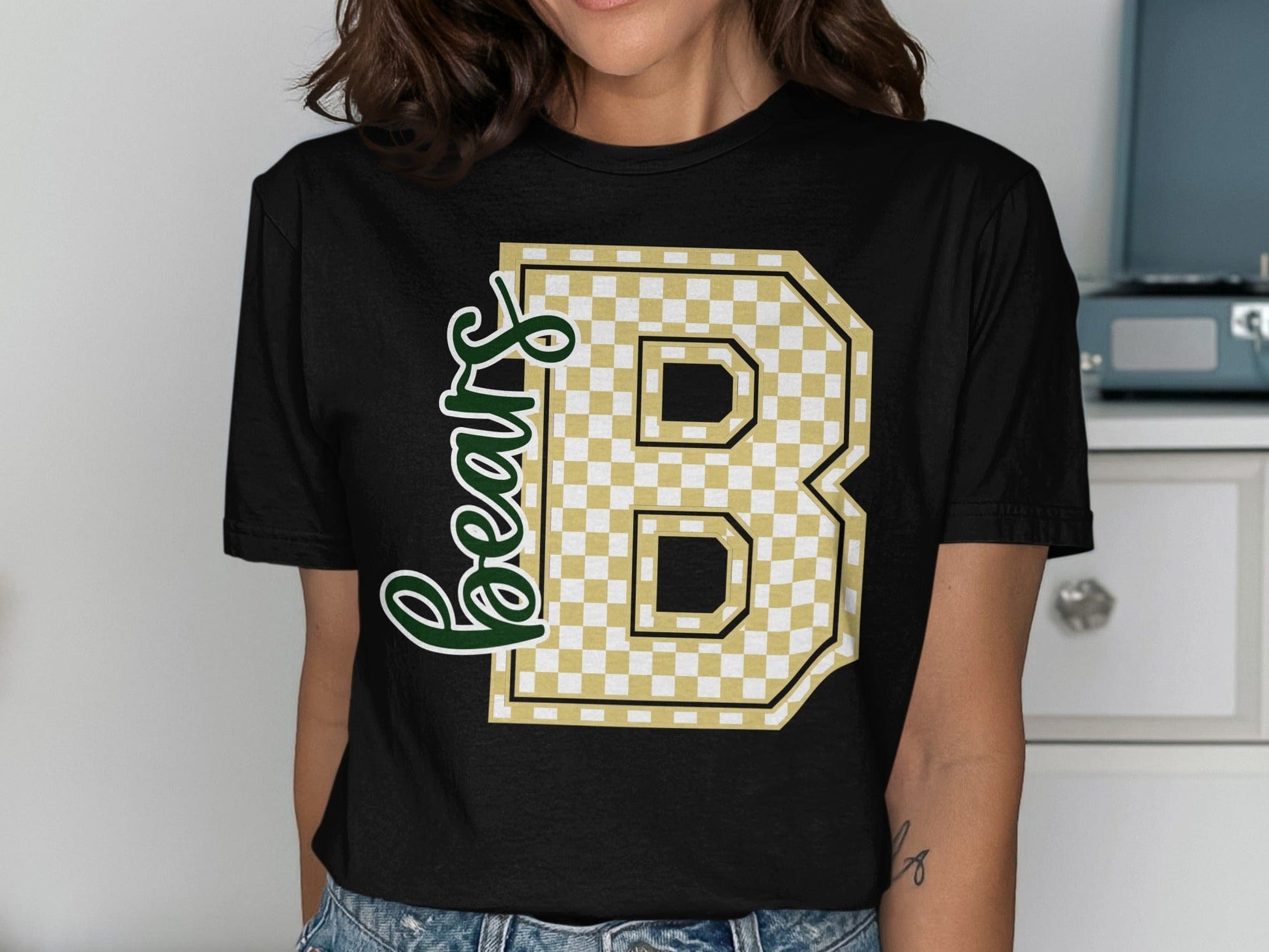 Jen Peete Designs Clothing T-shirts Cursive Bears Spirit Shirt with Gold Checkered B