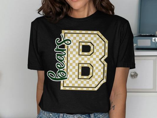 Jen Peete Designs Clothing T-shirts Cursive Bears Spirit Shirt with Gold Checkered B