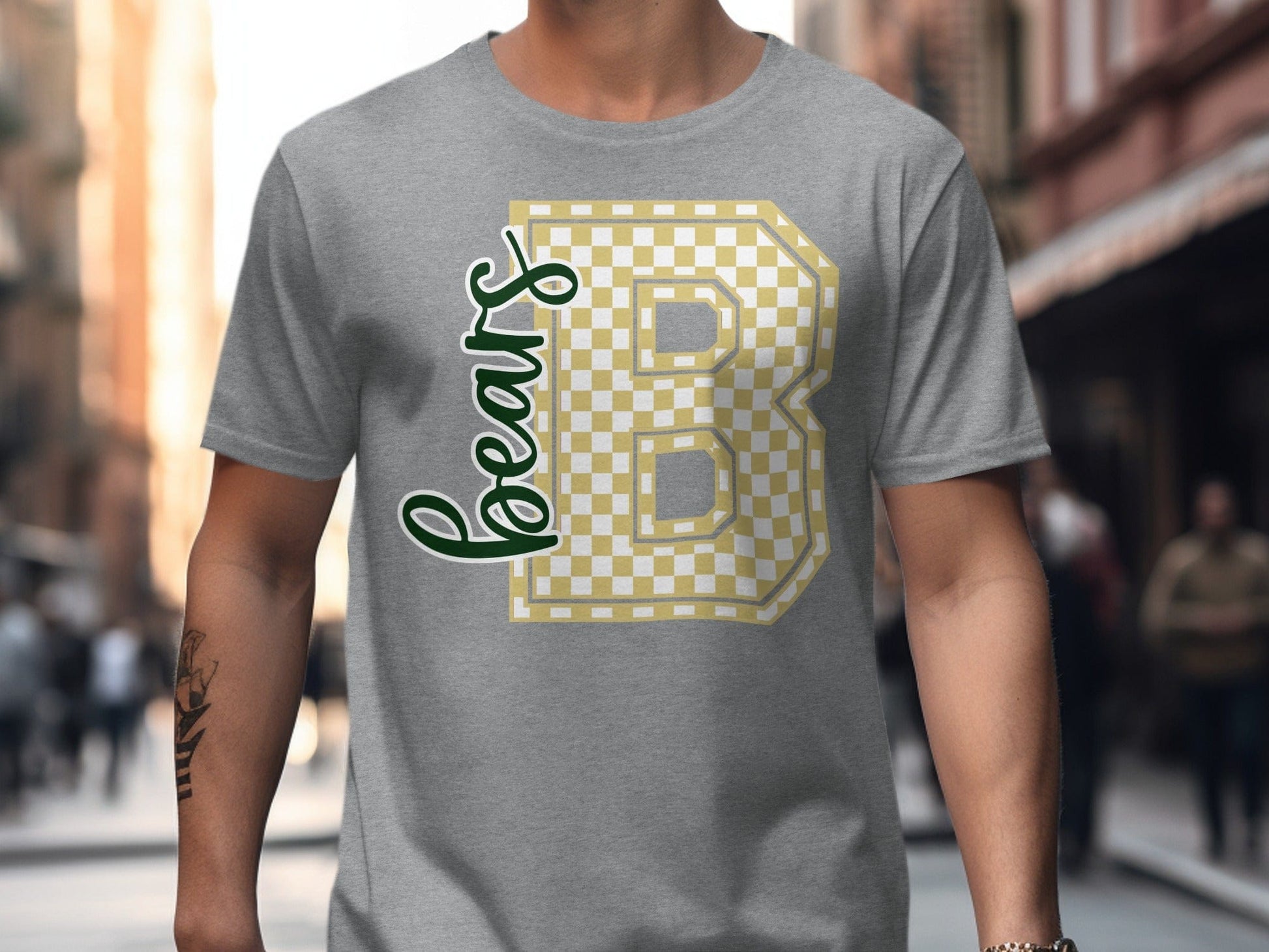 Jen Peete Designs Clothing T-shirts Cursive Bears Spirit Shirt with Gold Checkered B