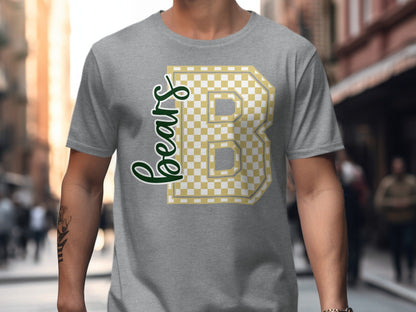 Jen Peete Designs Clothing T-shirts Cursive Bears Spirit Shirt with Gold Checkered B
