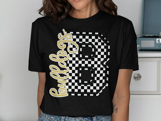 Jen Peete Designs Clothing T-shirts Cursive Bulldogs Spirit Shirt with Checkered B