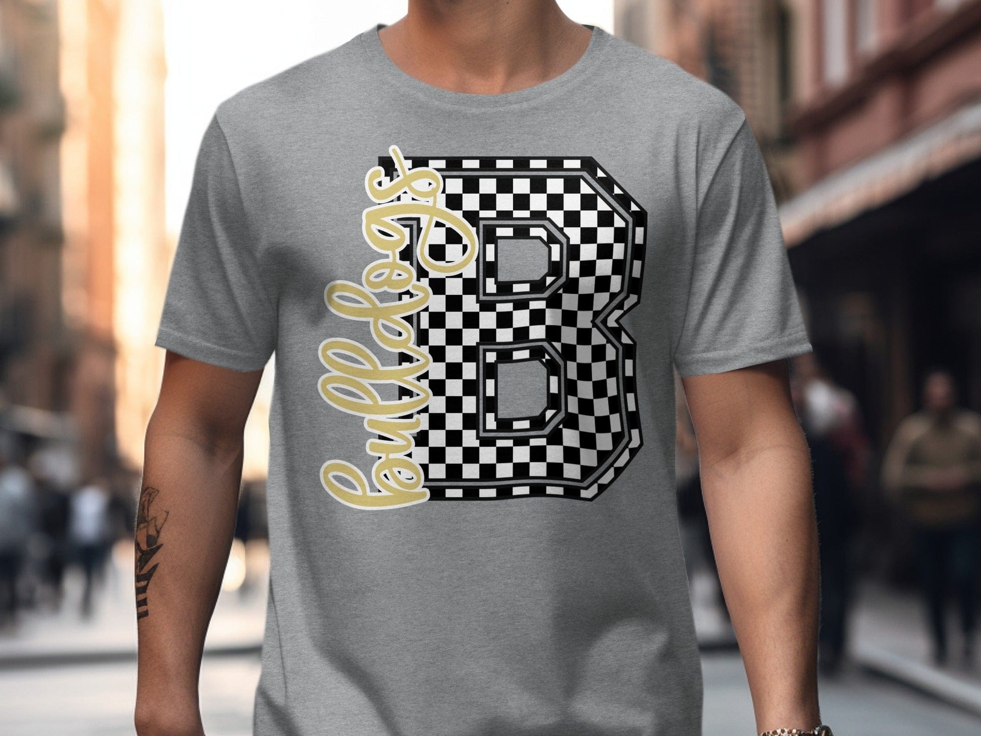 Jen Peete Designs Clothing T-shirts Cursive Bulldogs Spirit Shirt with Checkered B