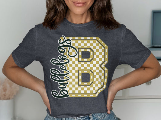 Jen Peete Designs Clothing T-shirts Cursive Bulldogs Spirit Shirt with Gold Checkered B