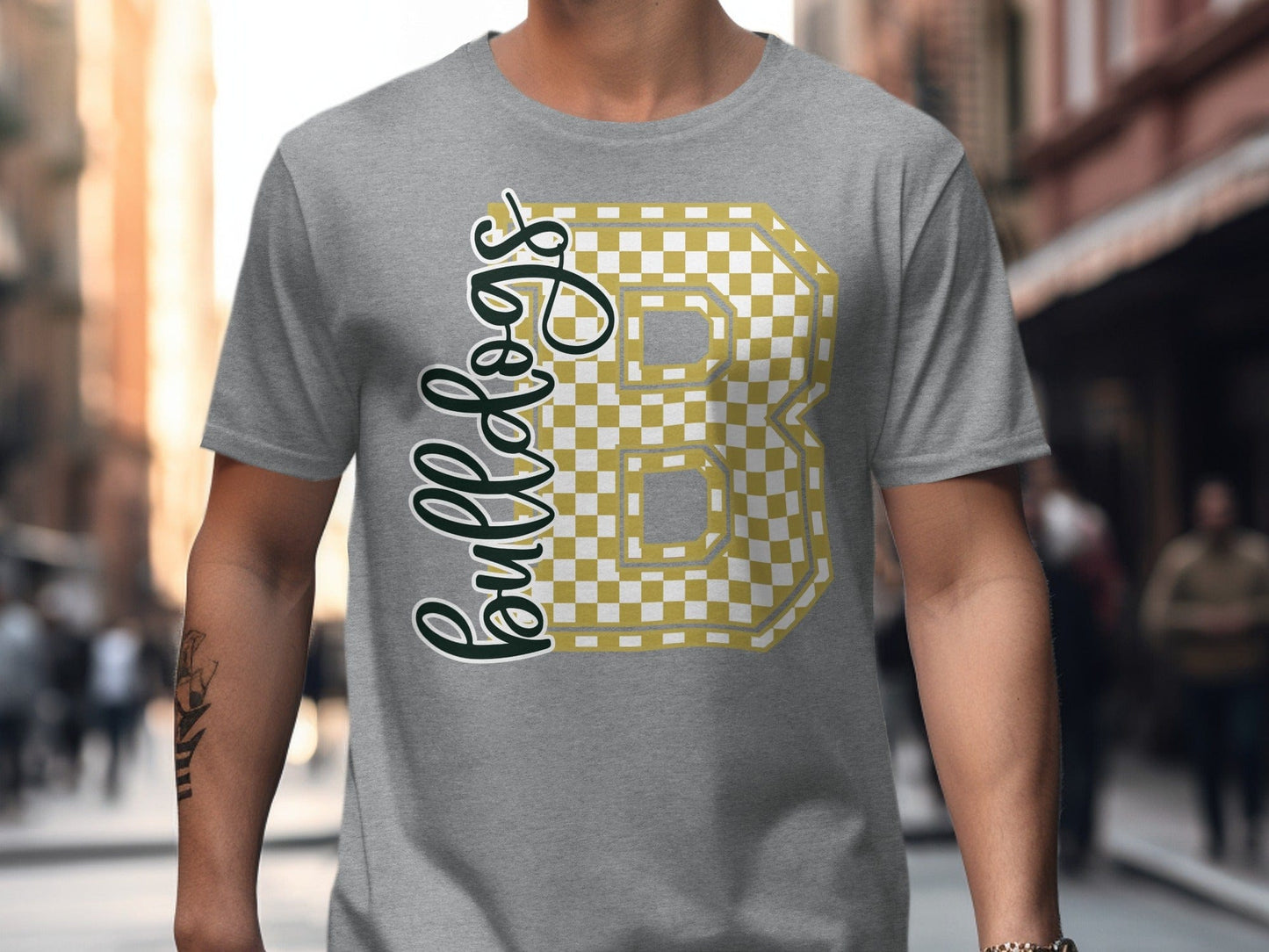 Jen Peete Designs Clothing T-shirts Cursive Bulldogs Spirit Shirt with Gold Checkered B