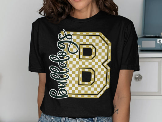 Jen Peete Designs Clothing T-shirts Cursive Bulldogs Spirit Shirt with Gold Checkered B