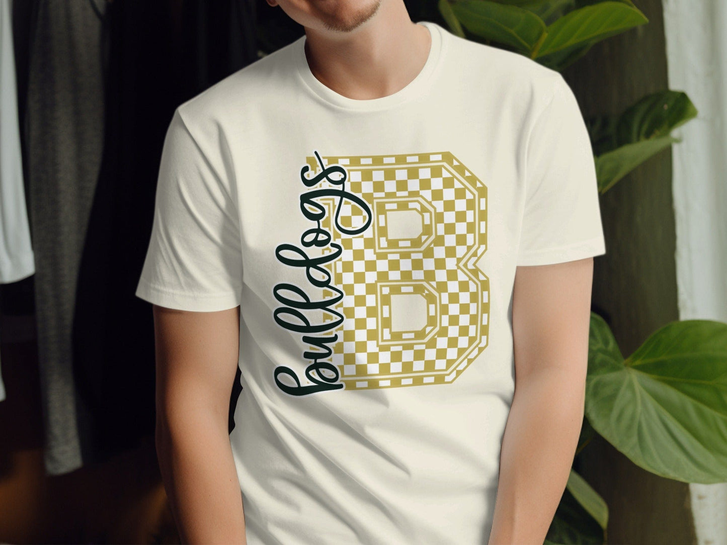 Jen Peete Designs Clothing T-shirts Cursive Bulldogs Spirit Shirt with Gold Checkered B
