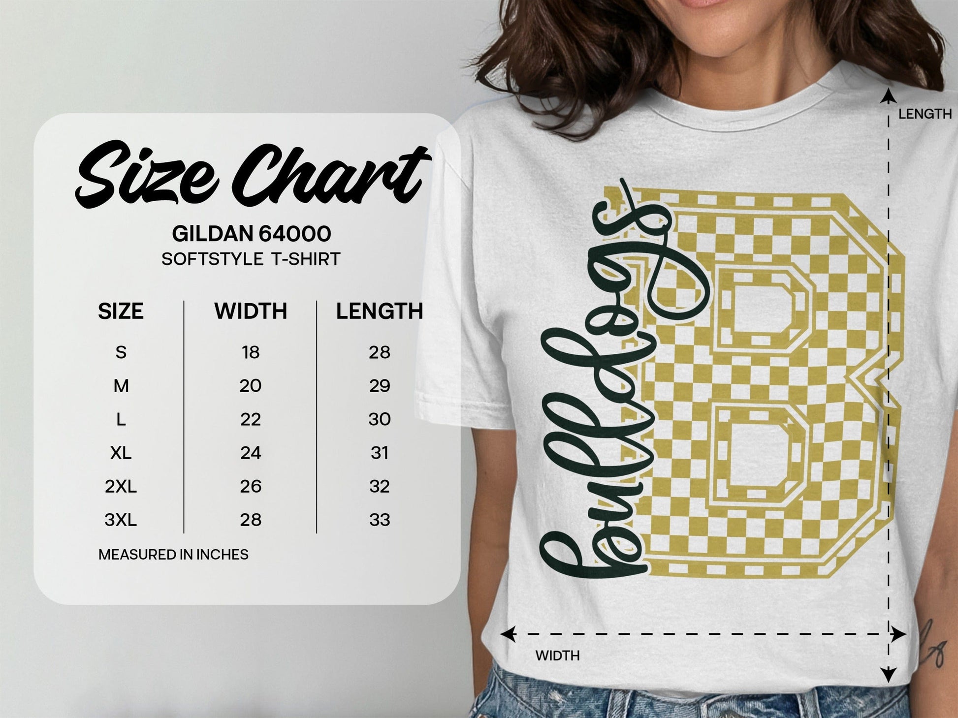 Jen Peete Designs Clothing T-shirts Cursive Bulldogs Spirit Shirt with Gold Checkered B