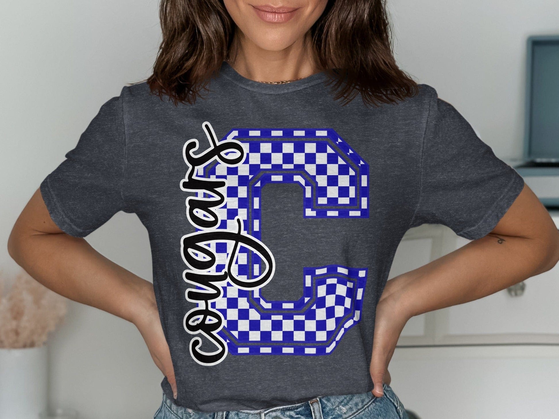 Jen Peete Designs Clothing T-shirts Cursive Cougars Spirit Shirt with Blue Checkered C