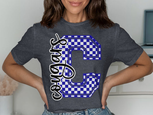 Jen Peete Designs Clothing T-shirts Cursive Cougars Spirit Shirt with Blue Checkered C