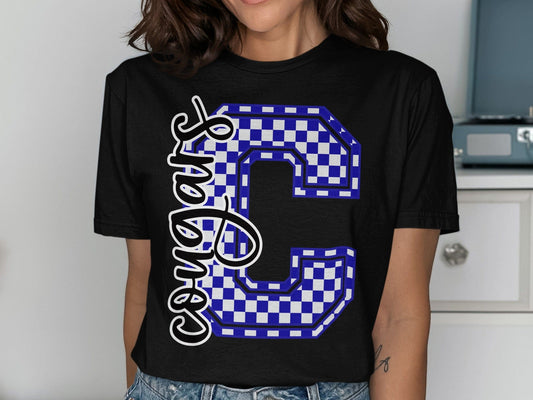 Jen Peete Designs Clothing T-shirts Cursive Cougars Spirit Shirt with Blue Checkered C