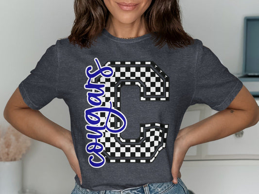 Jen Peete Designs Clothing T-shirts Cursive Cougars Spirit Shirt with Checkered C