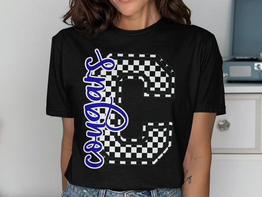 Jen Peete Designs Clothing T-shirts Cursive Cougars Spirit Shirt with Checkered C