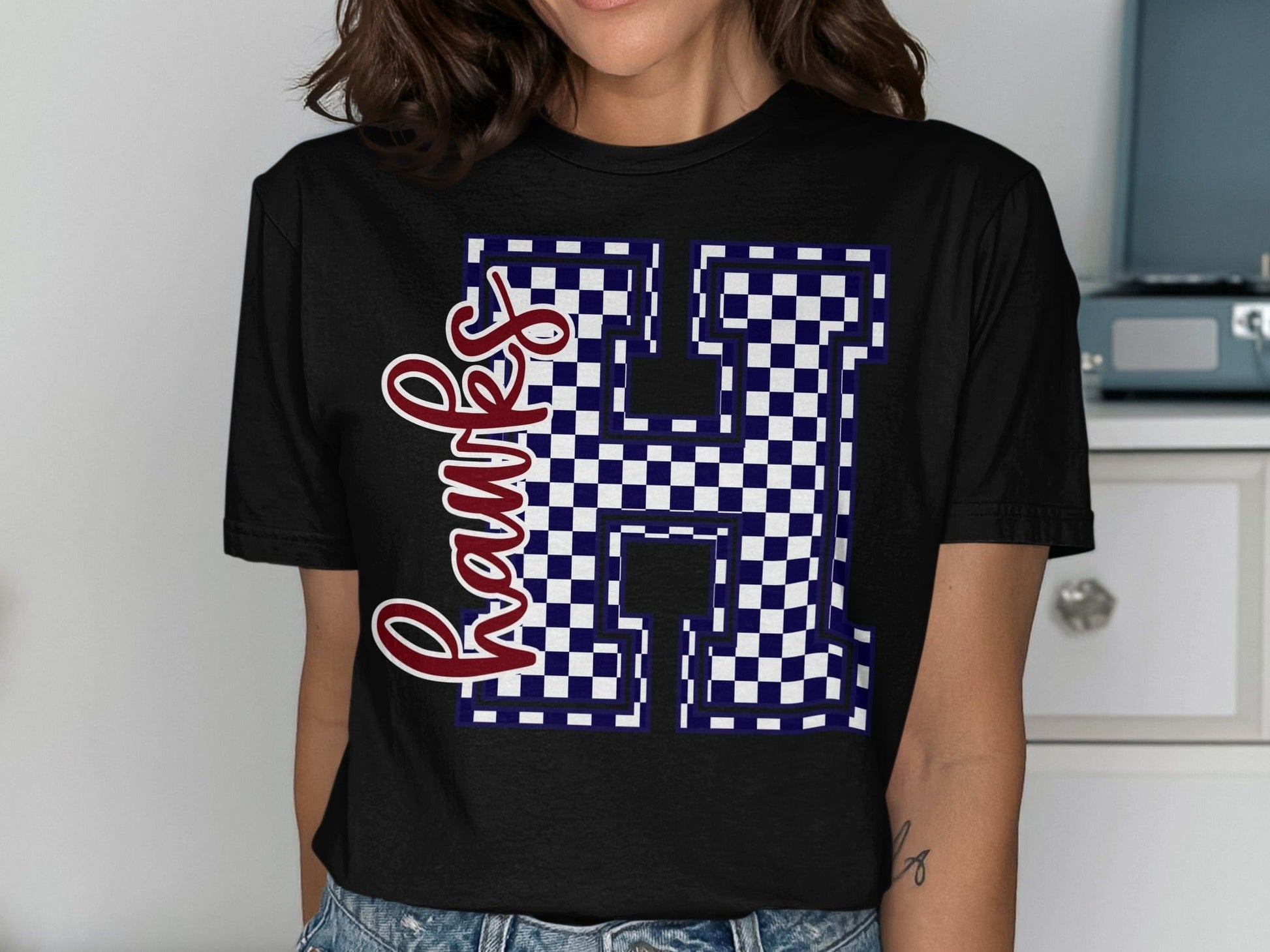 Jen Peete Designs Clothing T-shirts Cursive Hawks Spirit Shirt with Blue Checkered H