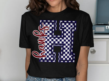 Jen Peete Designs Clothing T-shirts Cursive Hawks Spirit Shirt with Blue Checkered H