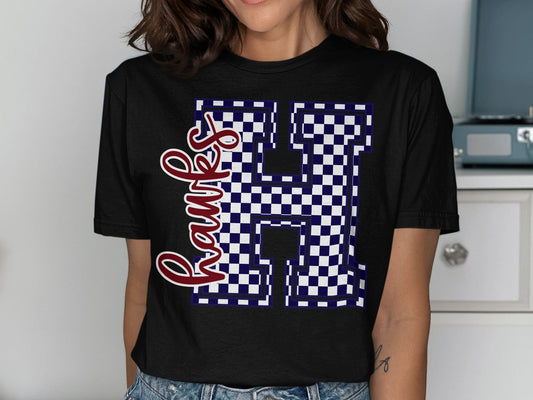 Jen Peete Designs Clothing T-shirts Cursive Hawks Spirit Shirt with Blue Checkered H
