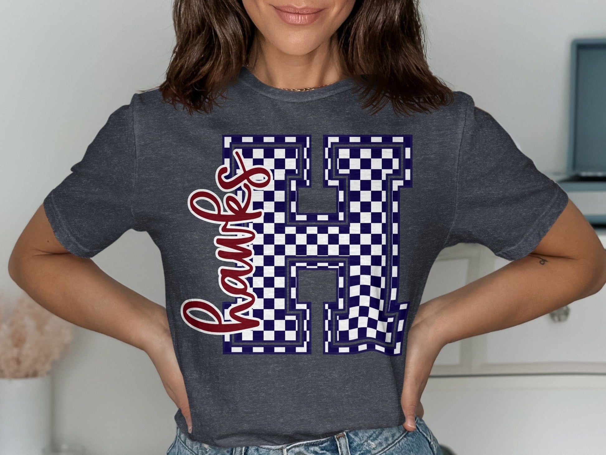 Jen Peete Designs Clothing T-shirts Cursive Hawks Spirit Shirt with Blue Checkered H